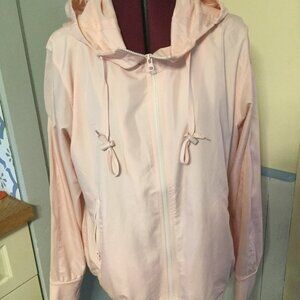 Zyia size large baby pink windbreaker style jacket with hood has thumb wholes